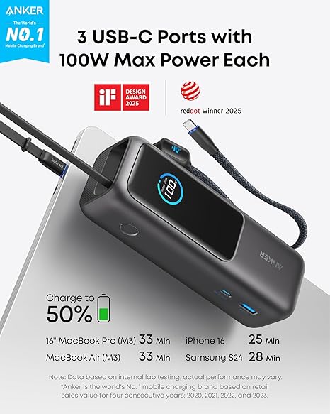 Εξωτερική Μπαταρία Anker, 25000mAh, 165W, QC + PD, 1 x USB-A - 3 x USB-C, Γκρι A1695H11