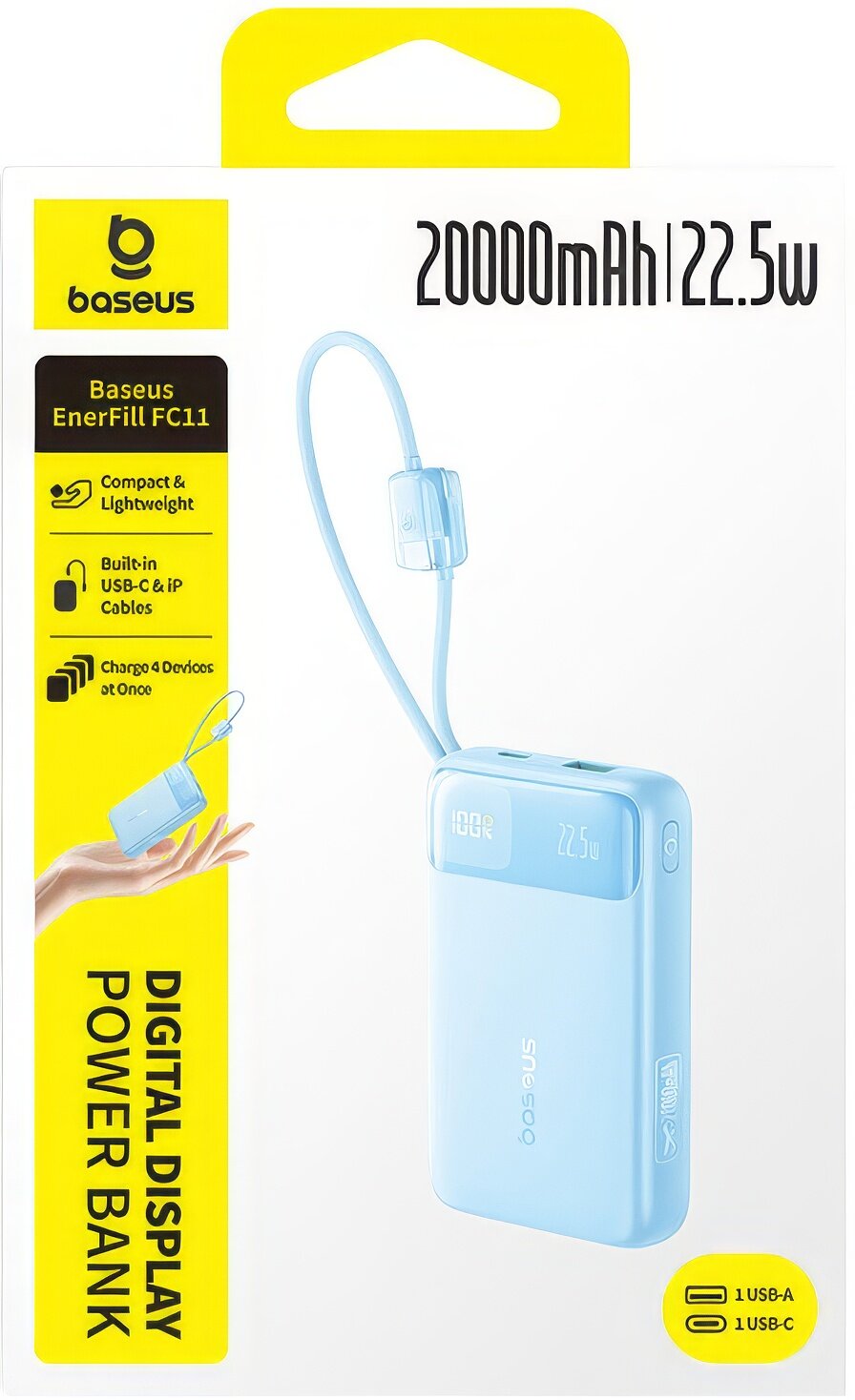 Εξωτερική Μπαταρία Baseus EnerFill FC11, 20000mAh, 22.5W, QC + PD, 1 x Lightning - 1 x USB-A - 2 x USB-C, Μπλε E0027S06