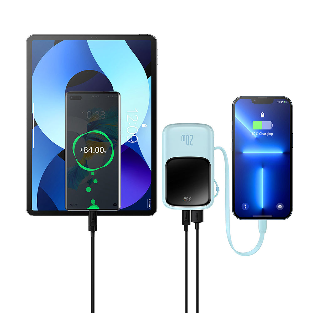Baseus Qpow Pro External Battery, 20000mAh, 20W, QC + PD, 1 x Lightning - 1 x USB-A - 1 x USB-C, Blue PPQD030003