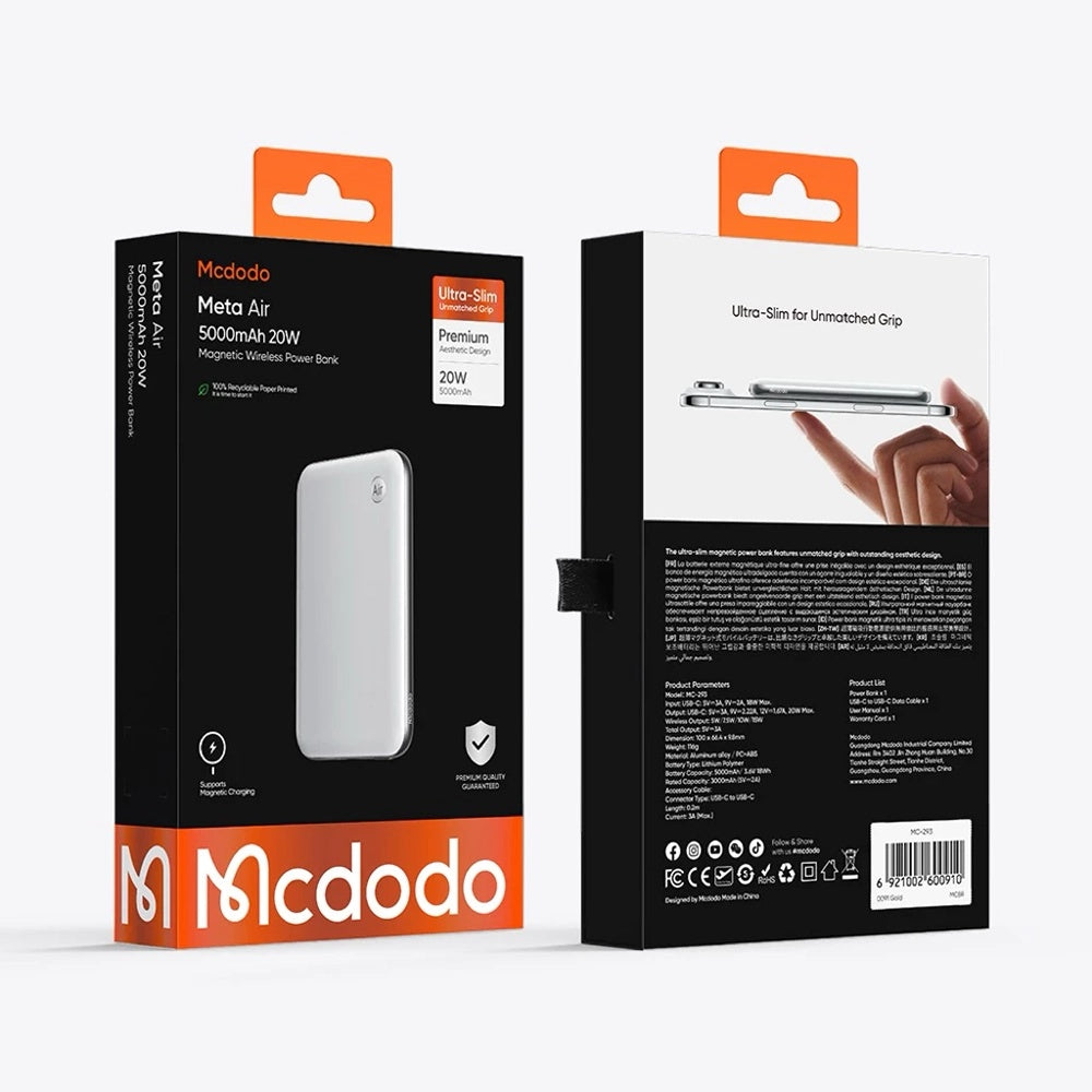 Εξωτερική Ασύρματη Μπαταρία McDodo MC-2931 Meta Air, 5000mAh, 20W, PD + FQI, 1 x QI - 1 x USB-C, Μαύρο