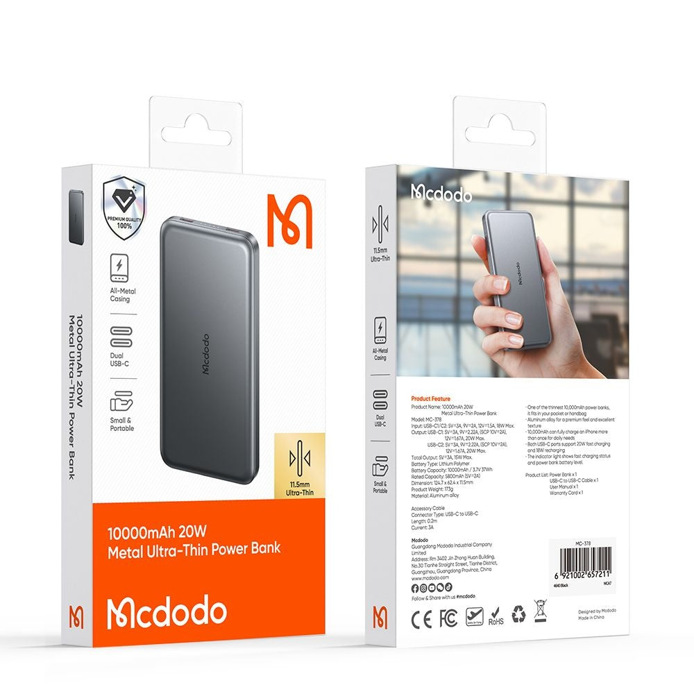 Εξωτερική Μπαταρία Wireless McDodo MC-3781 Meta, 10000mAh, 20W, PD + FQI, 1 x QI - 2 x USB-C, Μαύρη