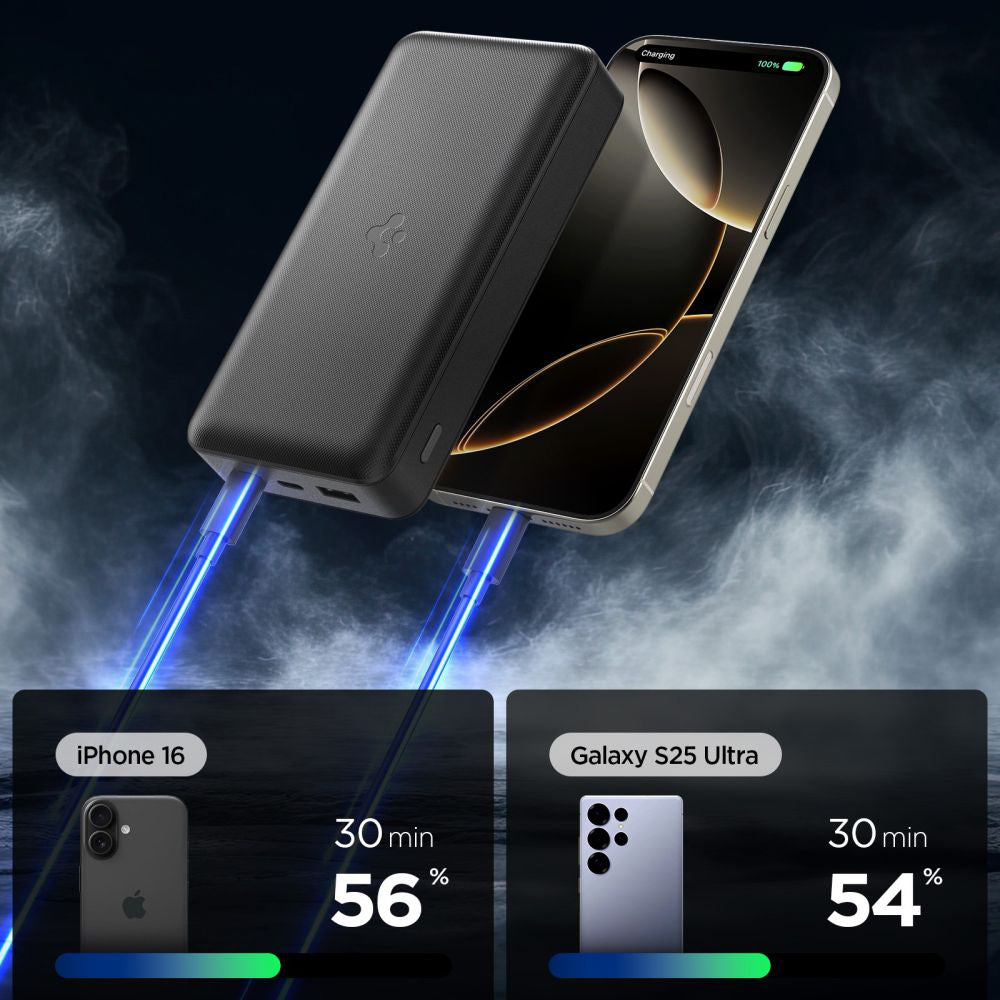 Εξωτερική Μπαταρία Spigen, 30000mAh, 30W, QC + PD, 1 x USB-A - 2 x USB-C, Μαύρη