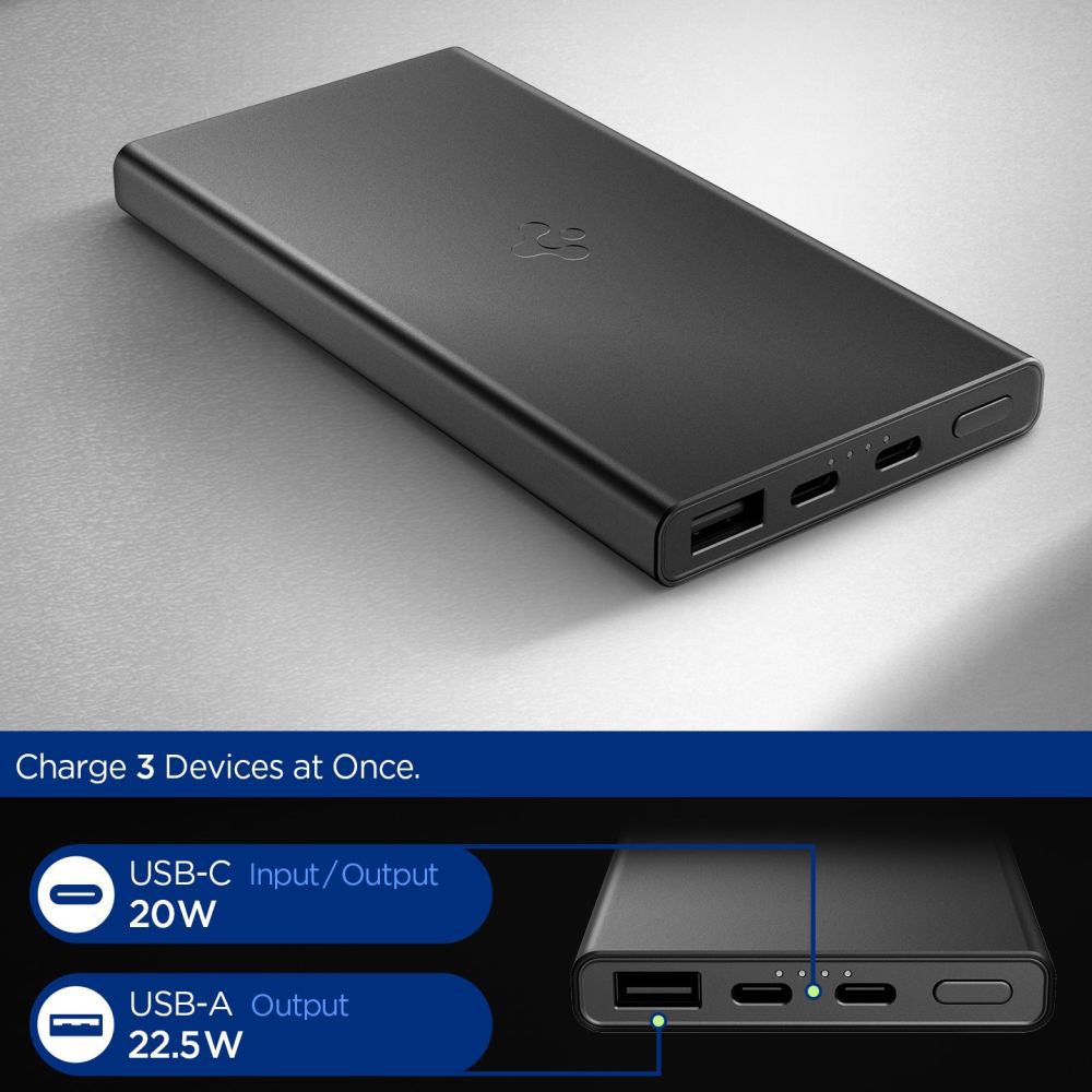 Εξωτερική Μπαταρία Spigen Essential, 10000mAh, 22.5W, QC + PD, 1 x USB-A - 2 x USB-C, Μαύρη ABA09431