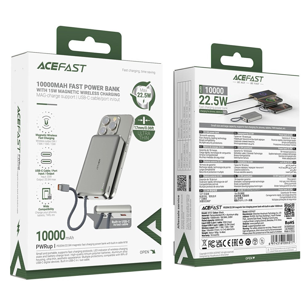 Εξωτερική Μπαταρία Wireless Acefast M18, 10000mAh, 22.5W, PD + FQI, 1 x QI - 2 x USB-C, Μαύρη