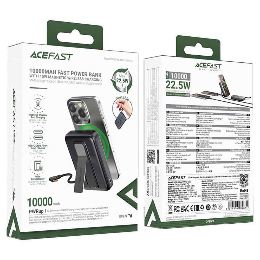 Acefast M24 Wireless External Battery, 10000mAh, 22.5W, PD + FQI, 1 x QI - 2 x USB-C, Gray
