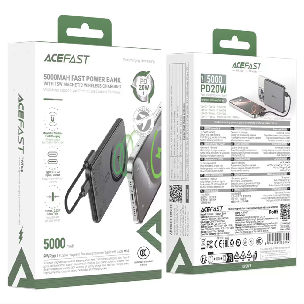 Εξωτερική Μπαταρία Wireless Acefast M30, 5000mAh, 20W, PD + FQI, 1 x QI - 2 x USB-C, Μαύρη