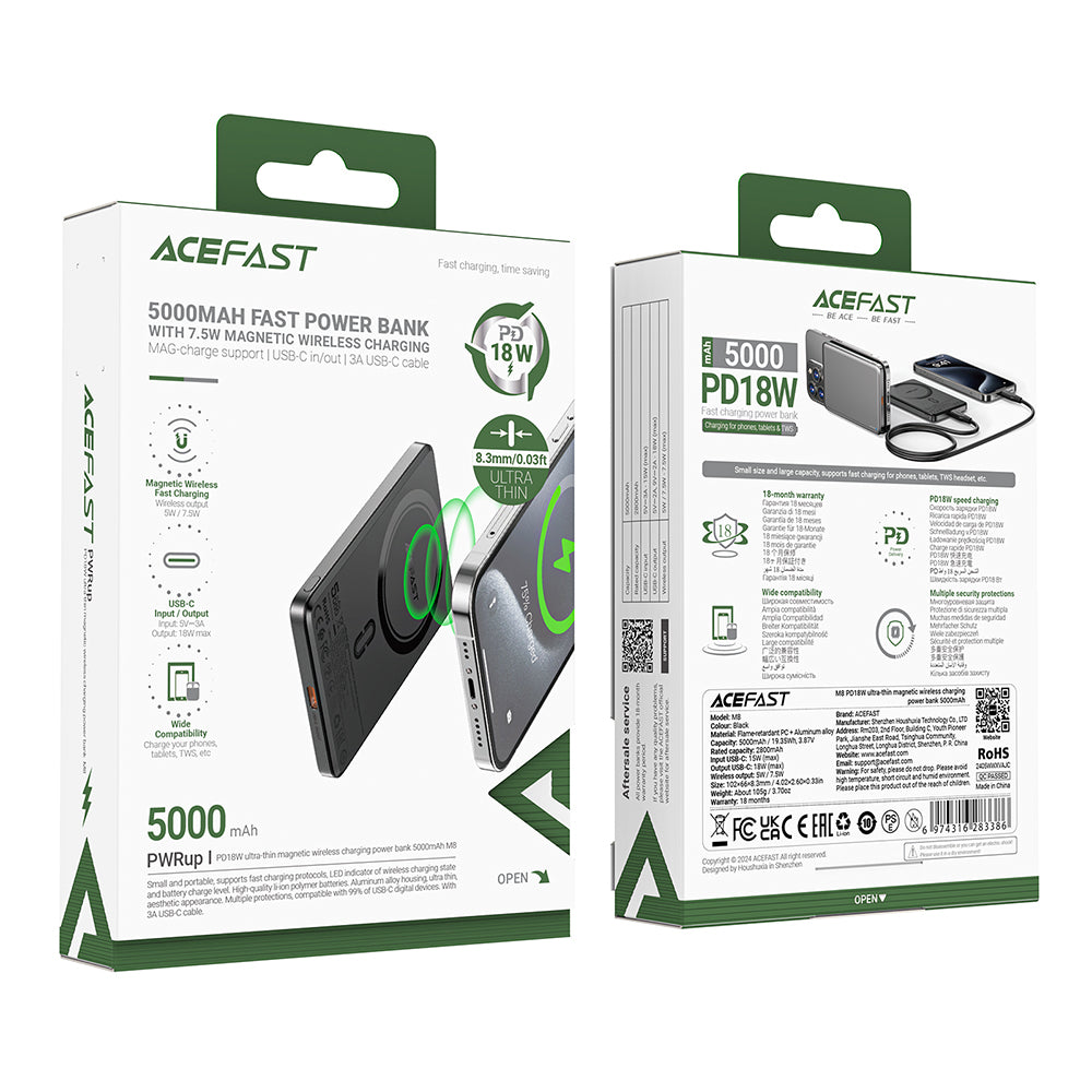 Εξωτερική Μπαταρία Wireless Acefast M8, 5000mAh, 18W, PD + FQI, 1 x QI - 1 x USB-C, Μαύρη