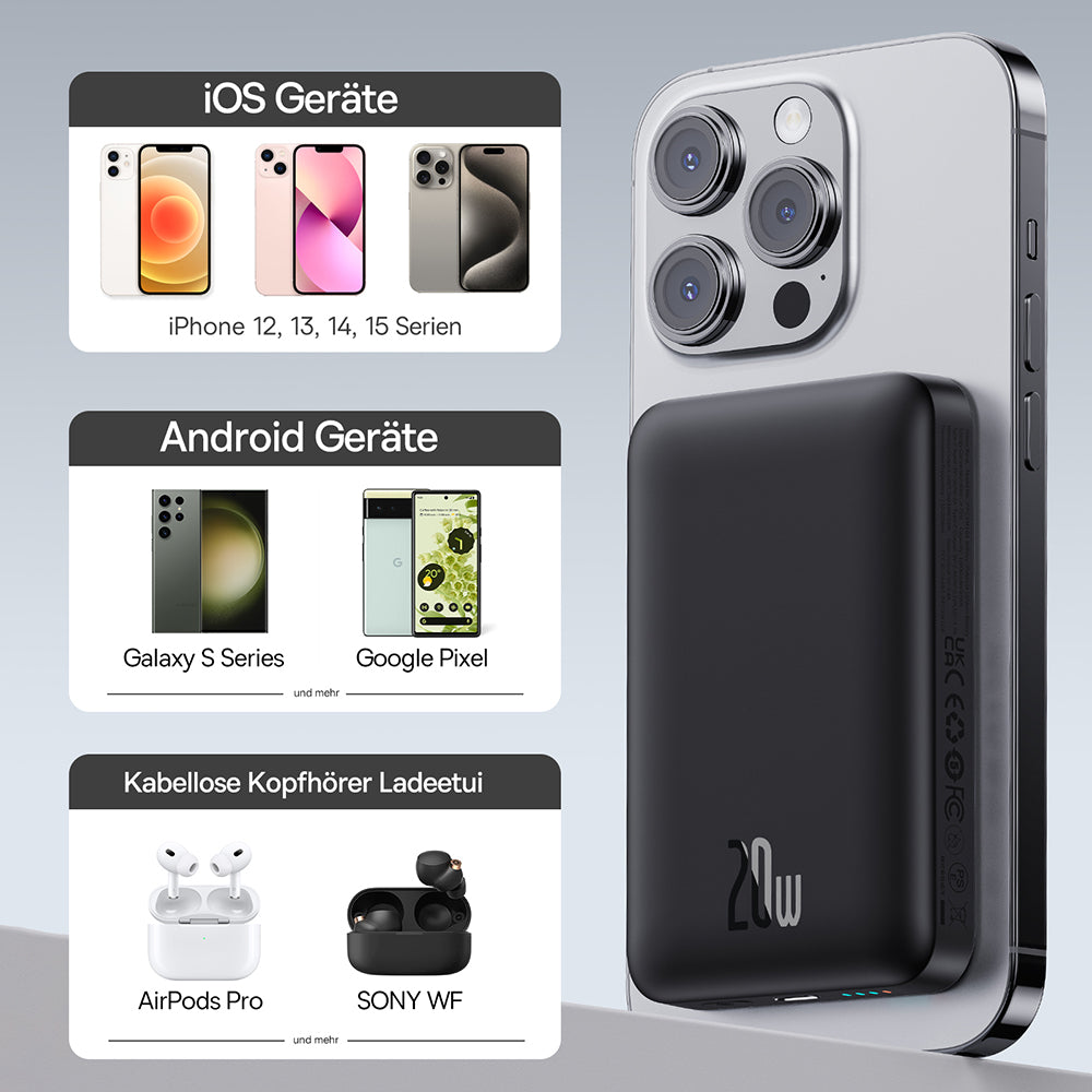 Baseus Magnetic Mini External Wireless Battery, 10000mAh, 20W, PD + FQI, 1 x QI - 1 x USB-C, Black P10059001113-00