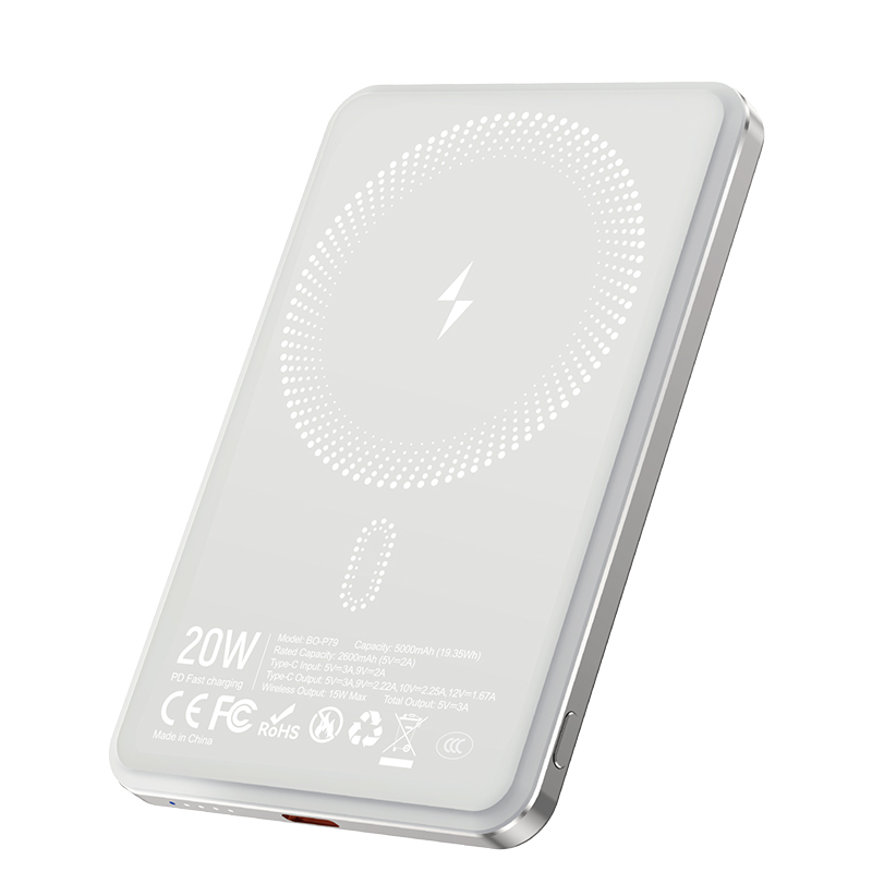 Wireless External Battery BWOO P79, 5000mAh, 20W, PD + FQI, 1 x QI - 1 x USB-C, Gray