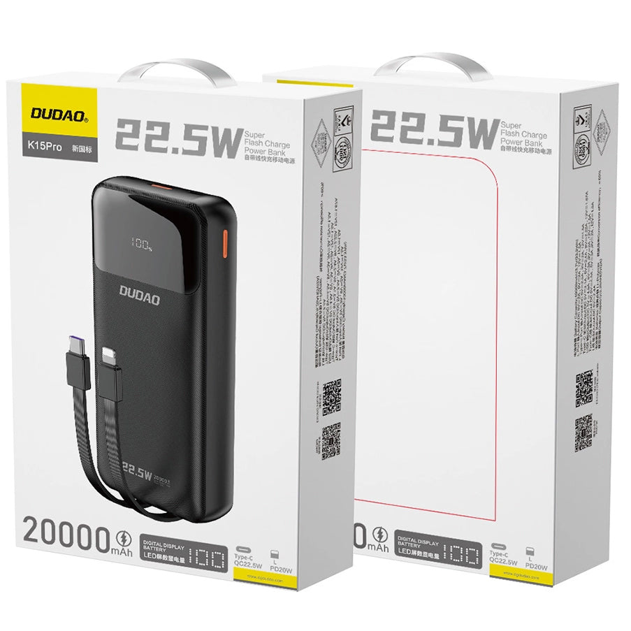 Εξωτερική Μπαταρία Dudao K15Pro, 20000mAh, 22.5W, QC + PD, 1 x Lightning - 1 x USB-A - 2 x USB-C, Μαύρη