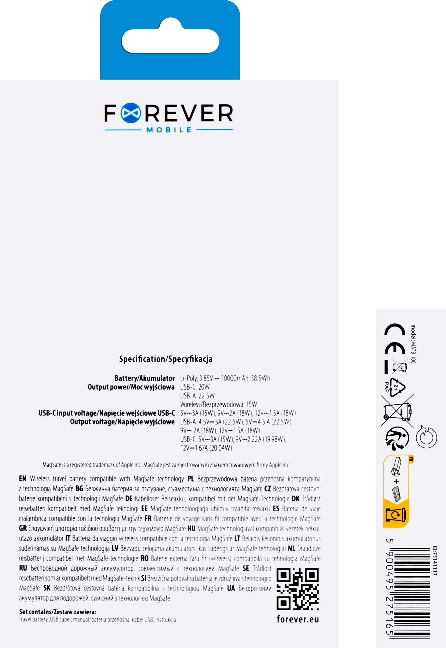 Ασύρματη εξωτερική μπαταρία Forever MATB-100, 10000mAh, 22,5W, QC + PD + FQI, 1 x QI - 1 x USB-A - 1 x USB-C, Μαύρο
