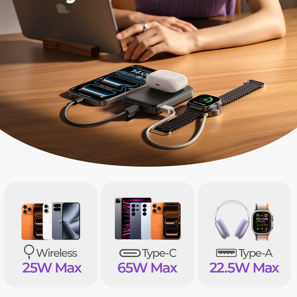 Εξωτερική Ασύρματη Μπαταρία Lisen P604, 10000mAh, 65W, QC + PD + FQI, 1 x QI - 1 x USB-A - 1 x USB-C, Μαύρο