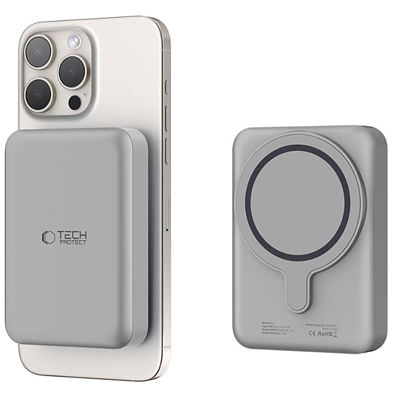 Tech-Protect PB11 LifeMag Wireless External Battery, 10000mAh, 15W, PD + FQI, 1 x QI - 1 x USB-C, Gray, Resealed