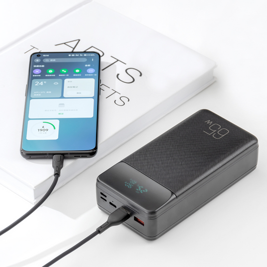 XO Design PR201 External Battery, 30000mAh, 65W, QC + PD, 1 x USB-C - 2 x USB-A, Black