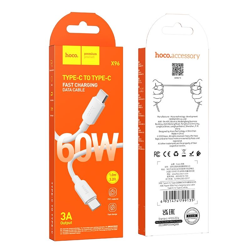 Καλώδιο δεδομένων και φόρτισης USB-C - USB-C HOCO HOCO X96, 60W, 1m, Λευκό