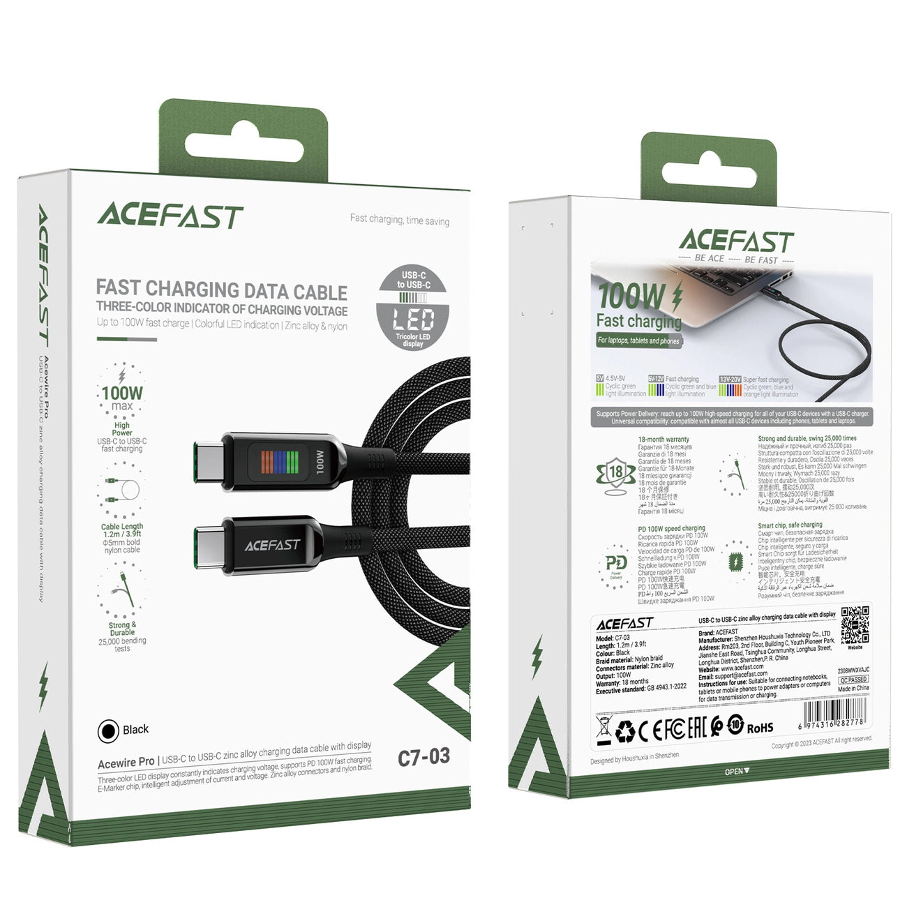 Καλώδιο Δεδομένων και Φόρτισης USB-C - USB-C Acefast C7-03, 100W, 1.2m, Μαύρο