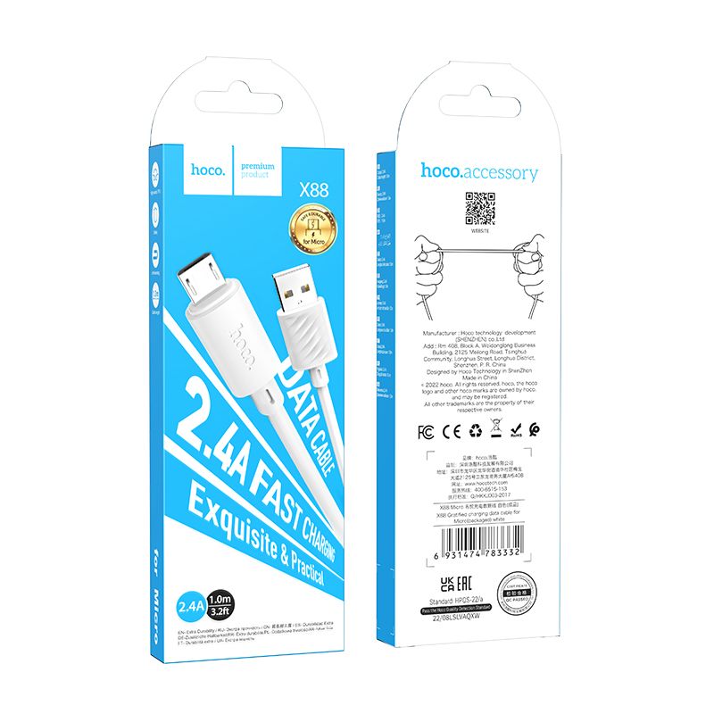 HOCO X88 Καλώδιο δεδομένων και φόρτισης USB-A - microUSB, 18W, 1m, λευκό