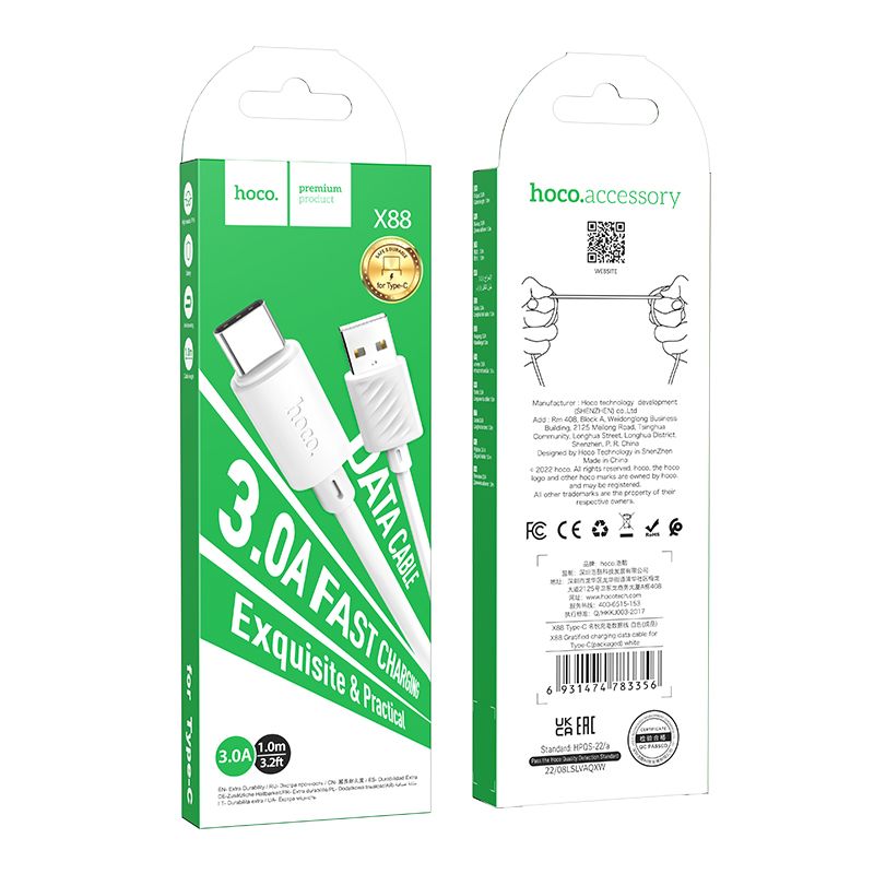 Καλώδιο δεδομένων και φόρτισης USB-A - USB-C HOCO X88, 18W, 1m, λευκό