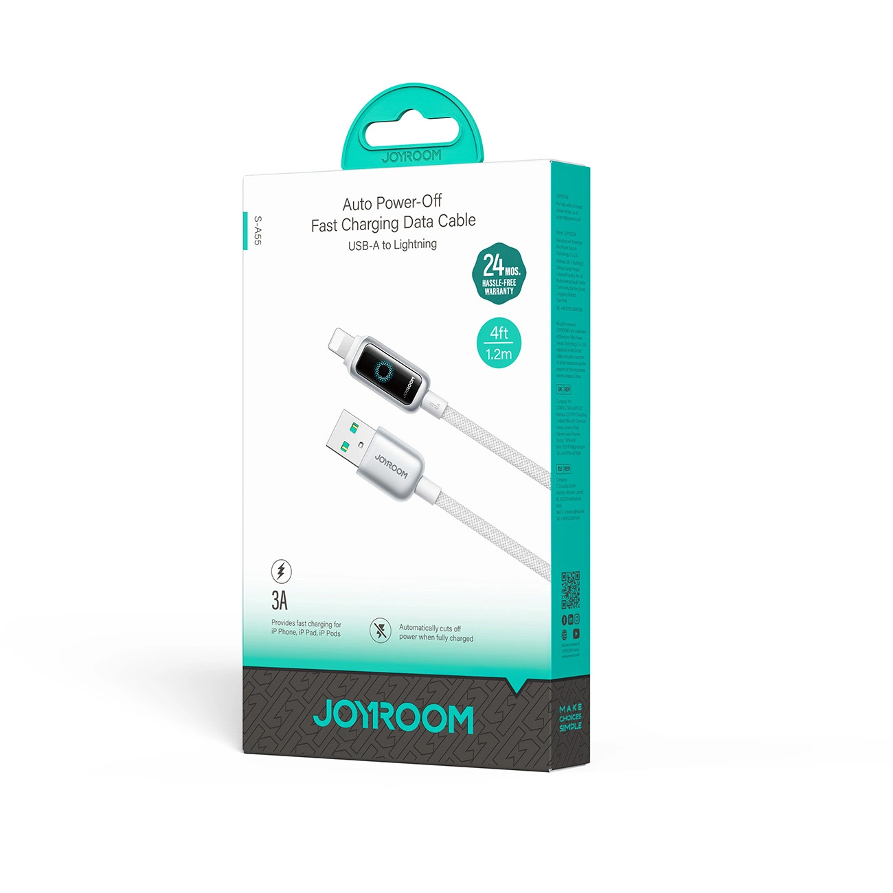 Καλώδιο Δεδομένων και Φόρτισης USB-A - Lightning Joyroom S-A55 StarFlight Display, 18W, 1.2m, Λευκό