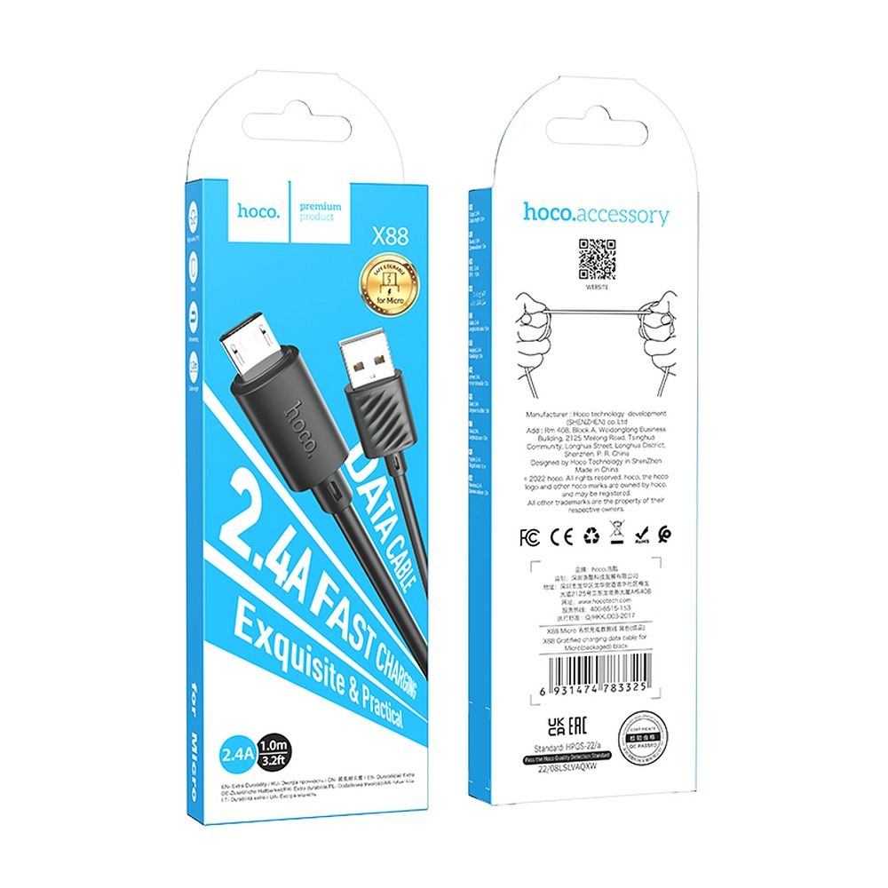 HOCO X88 Καλώδιο δεδομένων και φόρτισης USB-A - microUSB, 18W, 1m, Μαύρο