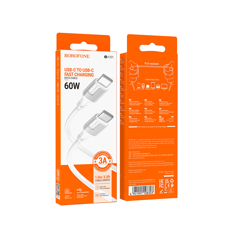 Καλώδιο Δεδομένων και Φόρτισης USB-C - USB-C Borofone BX101 Creator, 60W, 1m, Λευκό