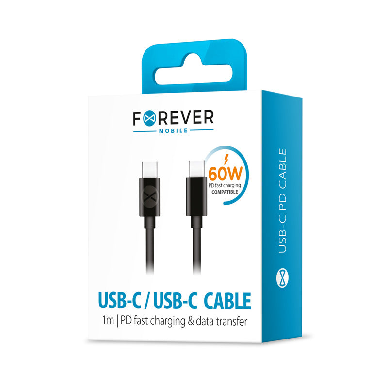 Καλώδιο Δεδομένων και Φόρτισης USB-C - USB-C Forever, 60W, 1m, Μαύρο