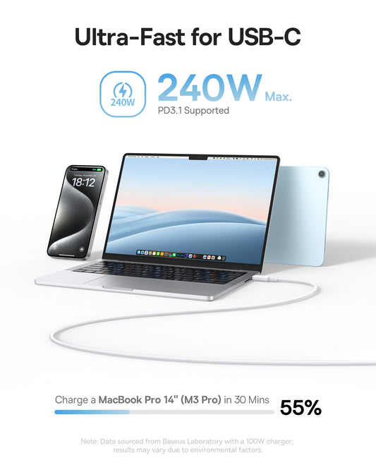 Καλώδιο Δεδομένων και Φόρτισης USB-C - USB-C Baseus PicoGo, 240W, 1m, Λευκό P10376800211-00