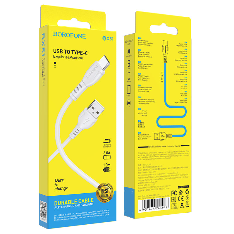 Καλώδιο Δεδομένων και Φόρτισης USB-A - USB-C Borofone BX51 Triumph, 20W, 1m, Λευκό