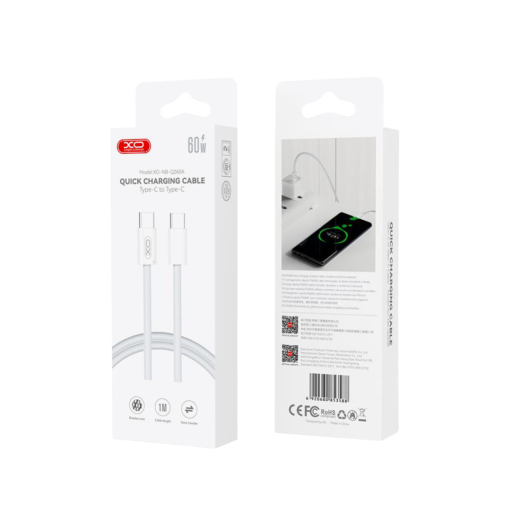 Καλώδιο Δεδομένων και Φόρτισης USB-C - USB-C XO Design NB-Q260B, 60W, 1.5m, Λευκό