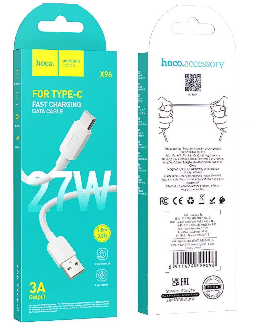 Καλώδιο Δεδομένων και Φόρτισης USB-A - USB-C HOCO X96, 27W, 1m, Λευκό