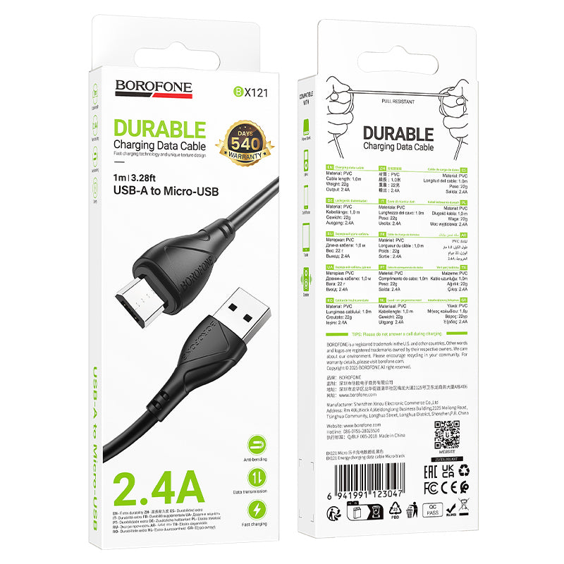 Καλώδιο Δεδομένων και Φόρτισης USB-A - microUSB Borofone BX121 Energy, 18W, 1m, Μαύρο