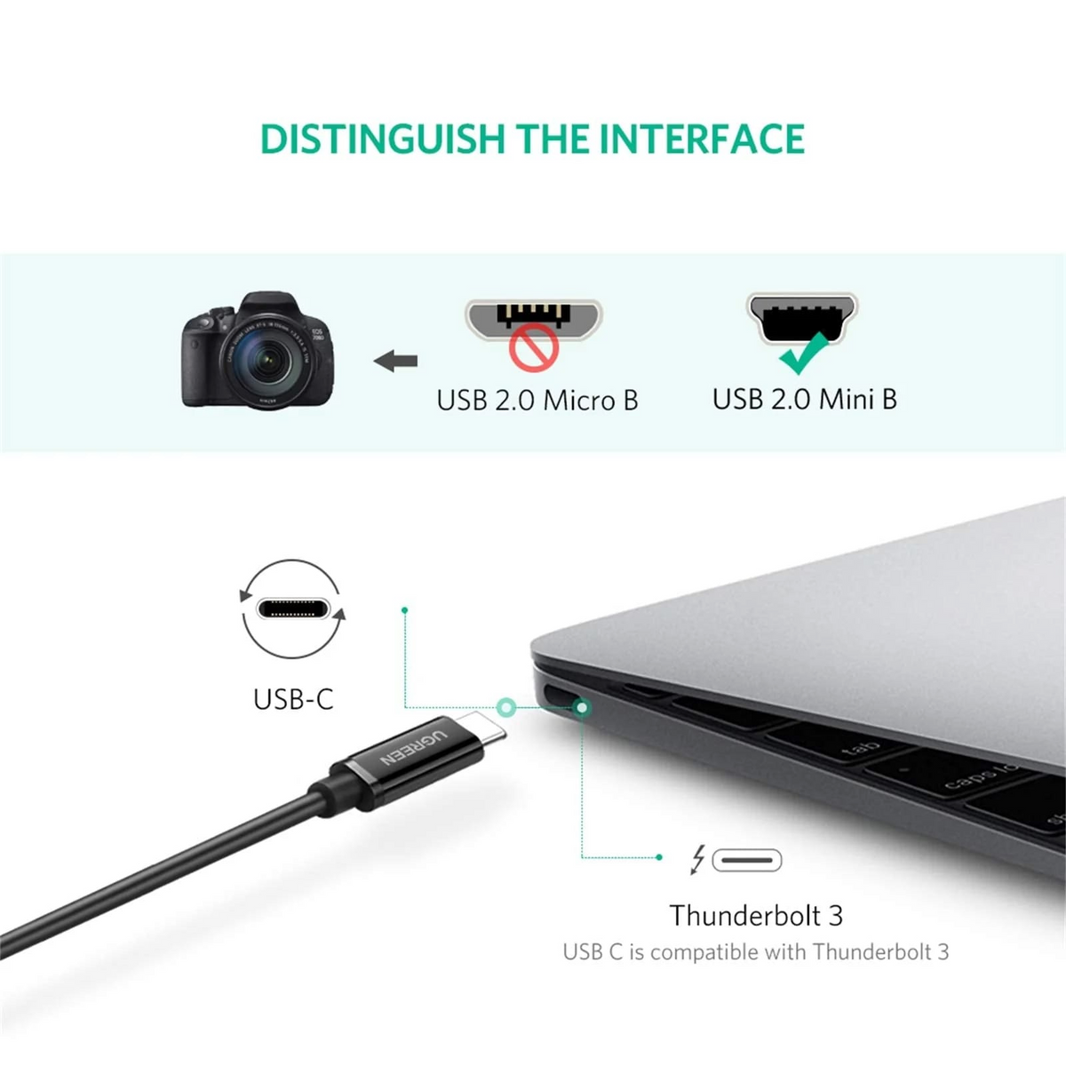 Καλώδιο Δεδομένων και Φόρτισης USB-C - miniUSB UGREEN US242, 18W, 1m, Μαύρο