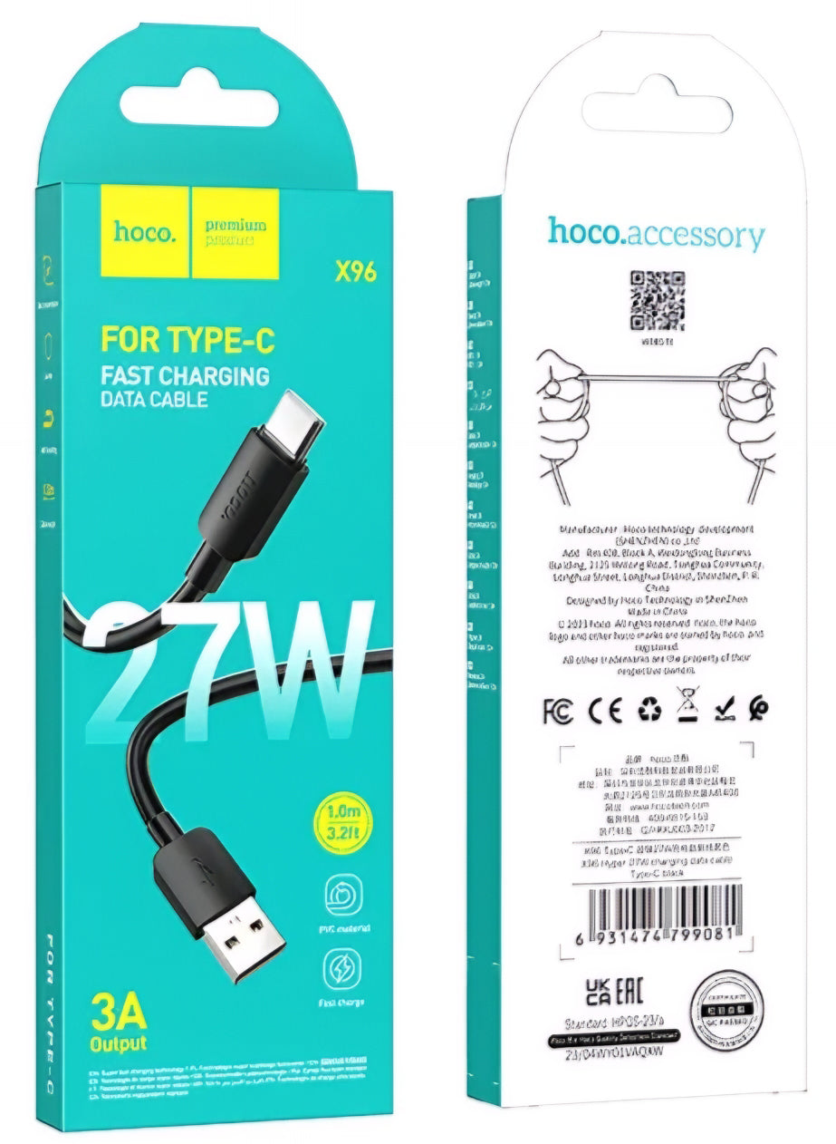 Καλώδιο Δεδομένων και Φόρτισης USB-A - USB-C HOCO X96, 27W, 1m, Μαύρο