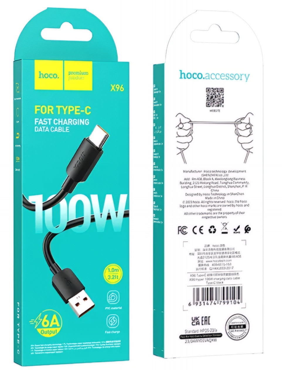 Καλώδιο δεδομένων και φόρτισης USB-A - USB-C HOCO X96, 100W, 1m, Μαύρο