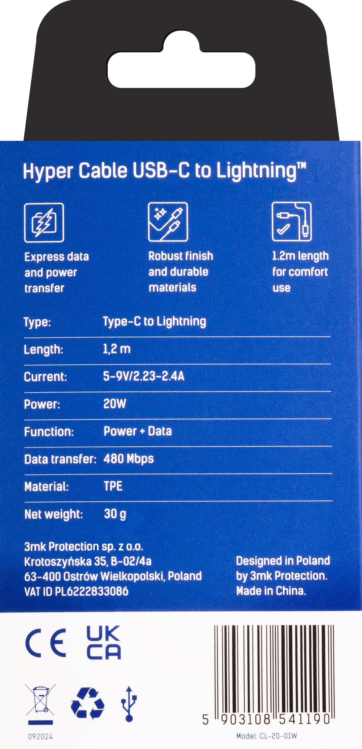 Καλώδιο Δεδομένων και Φόρτισης USB-C - Lightning 3MK Hyper, 20W, 1.2m, Λευκό
