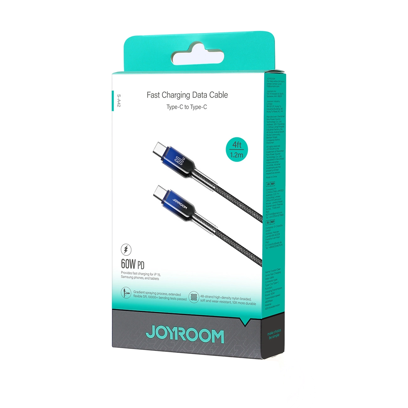 Καλώδιο Δεδομένων και Φόρτισης USB-C - USB-C Joyroom S-A42, 60W, 1.2m, Μαύρο