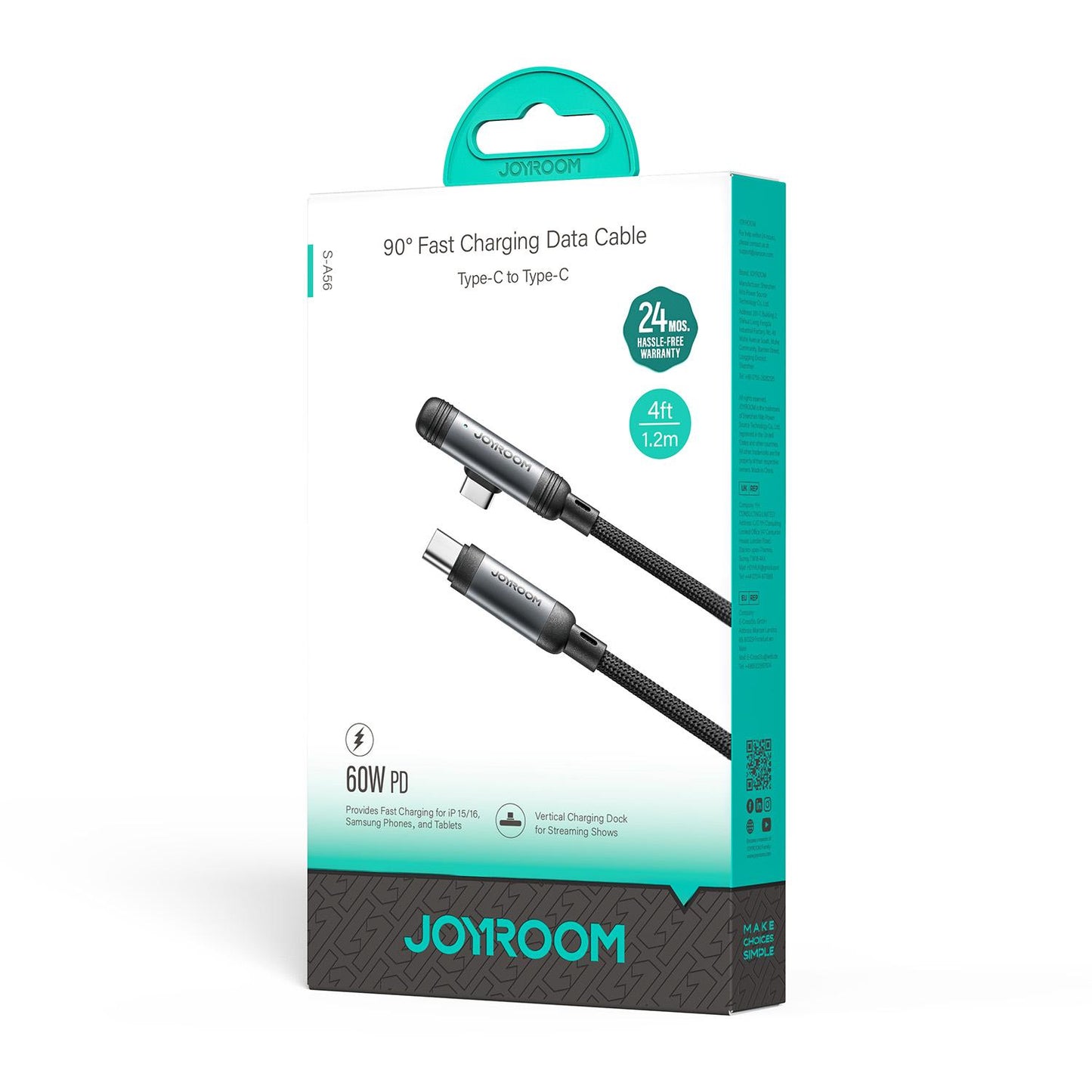 Καλώδιο Δεδομένων και Φόρτισης USB-C - USB-C Joyroom S-A56 EnjoyX Angled, 60W, 1.2m, Μαύρο