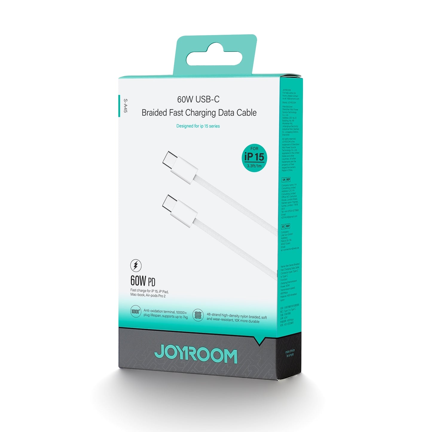 Καλώδιο δεδομένων και φόρτισης USB-C - USB-C Joyroom S-A45, 60W, 1m, λευκό