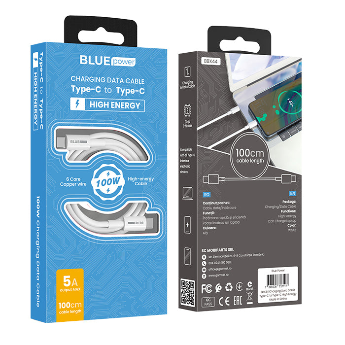 Καλώδιο Δεδομένων και Φόρτισης USB-C - USB-C BLUE Power BBX44, 100W, 1m, Λευκό