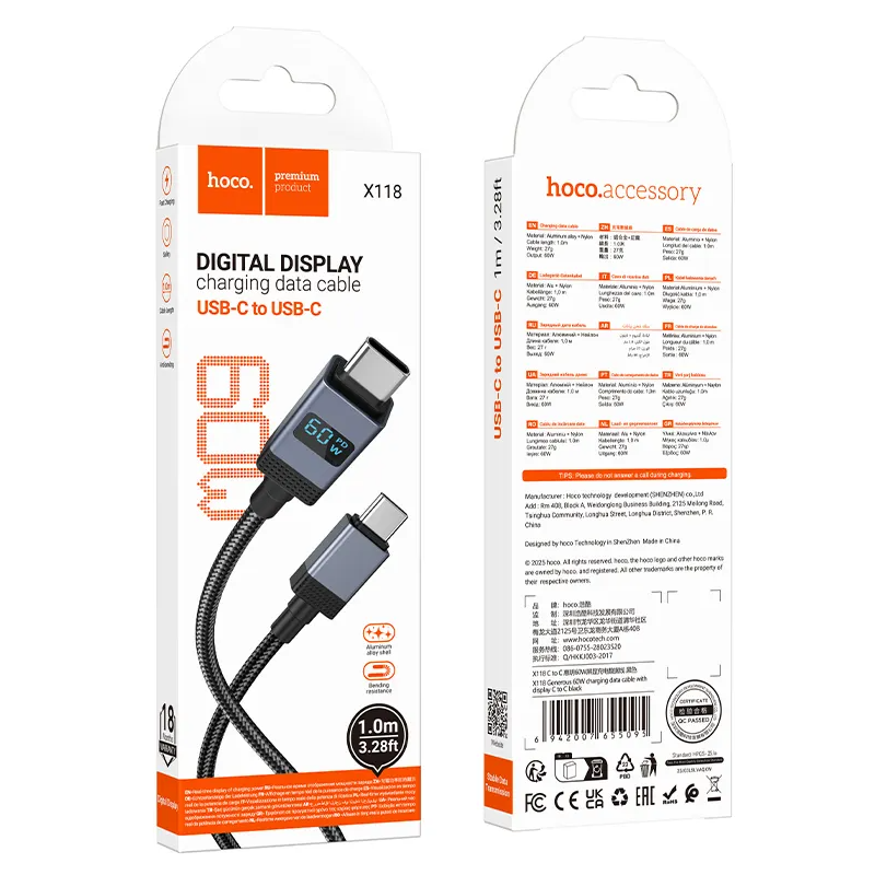 Καλώδιο Δεδομένων και Φόρτισης USB-C - USB-C HOCO X118 Display, 60W, 1m, Μαύρο