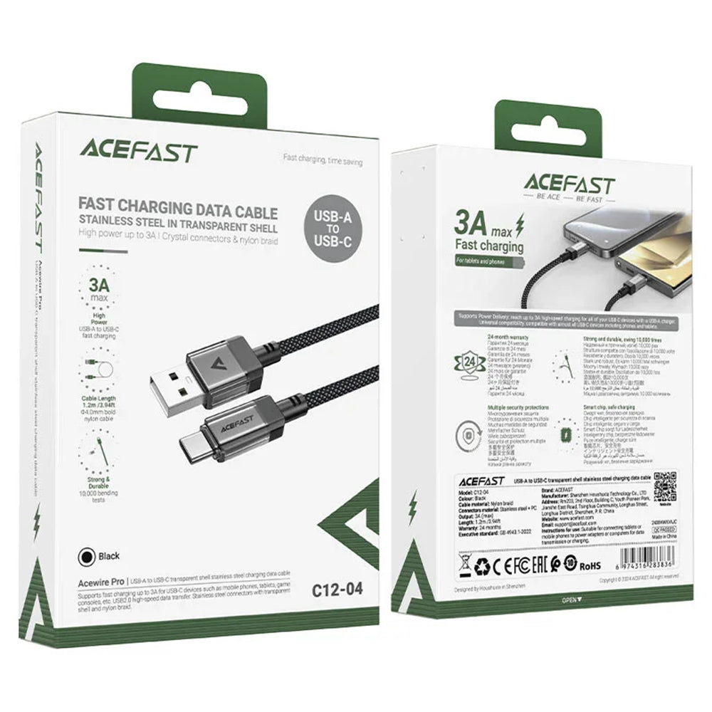 Καλώδιο Δεδομένων και Φόρτισης USB-A - USB-C Acefast C12-04, 18W, 1.2m, Μαύρο