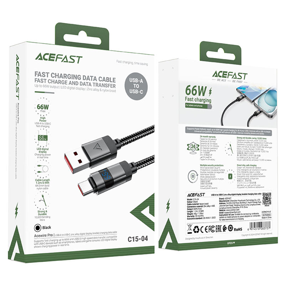 Καλώδιο Δεδομένων και Φόρτισης USB-A - USB-C Acefast C15-04 Display, 66W, 1.2m, Μαύρο