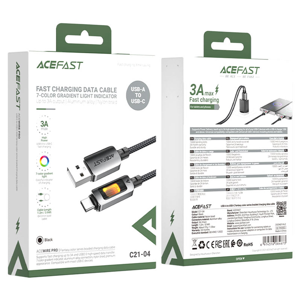 Καλώδιο Δεδομένων και Φόρτισης USB-A - USB-C Acefast C21-04, 18W, 1.2m, Μαύρο