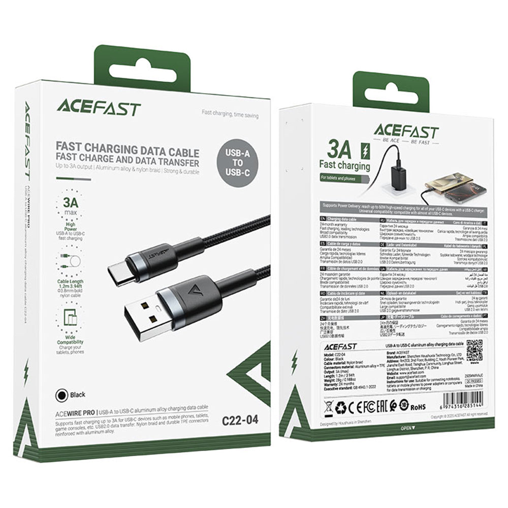 Καλώδιο Δεδομένων και Φόρτισης USB-A - USB-C Acefast C22-04, 18W, 1.2m, Μαύρο