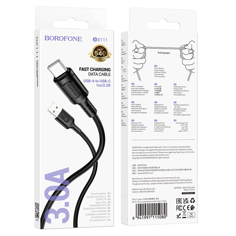 Καλώδιο Δεδομένων και Φόρτισης USB-A - USB-C Borofone BX111 Feliz, 20W, 1m, Μαύρο