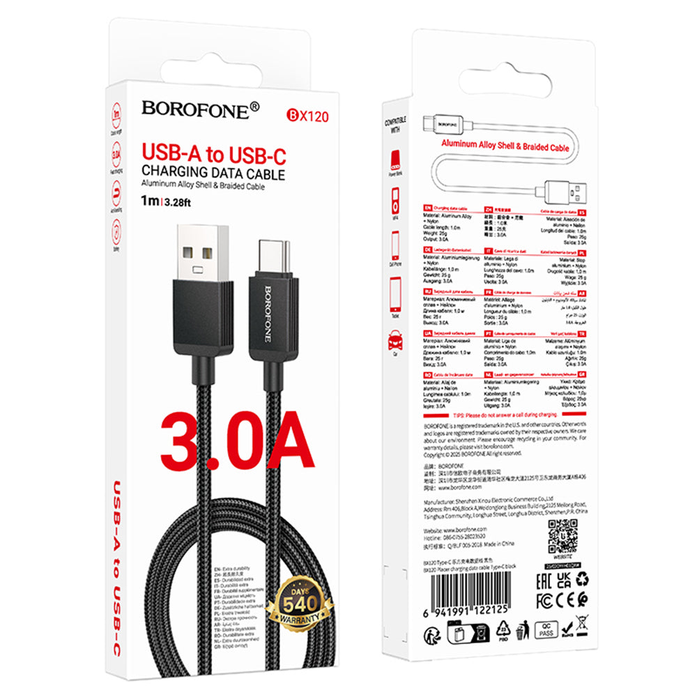 Καλώδιο Δεδομένων και Φόρτισης USB-A - USB-C Borofone BX120 Placer, 18W, 1m, Μαύρο