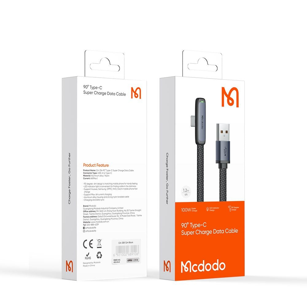 Καλώδιο Δεδομένων και Φόρτισης USB-A - USB-C McDodo CA-3340 Angled, 100W, 1.2m, Μαύρο