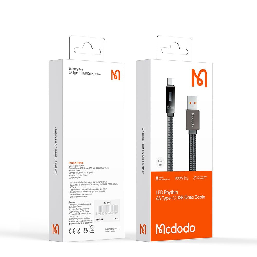 Καλώδιο Δεδομένων και Φόρτισης USB-A - USB-C McDodo CA-4980 Rythm Display, 100W, 1.2m, Μαύρο