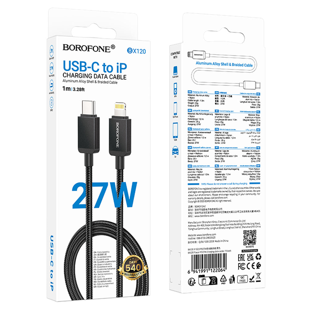 Καλώδιο Δεδομένων και Φόρτισης USB-C - Lightning Borofone BX120 Placer, 27W, 1m, Μαύρο
