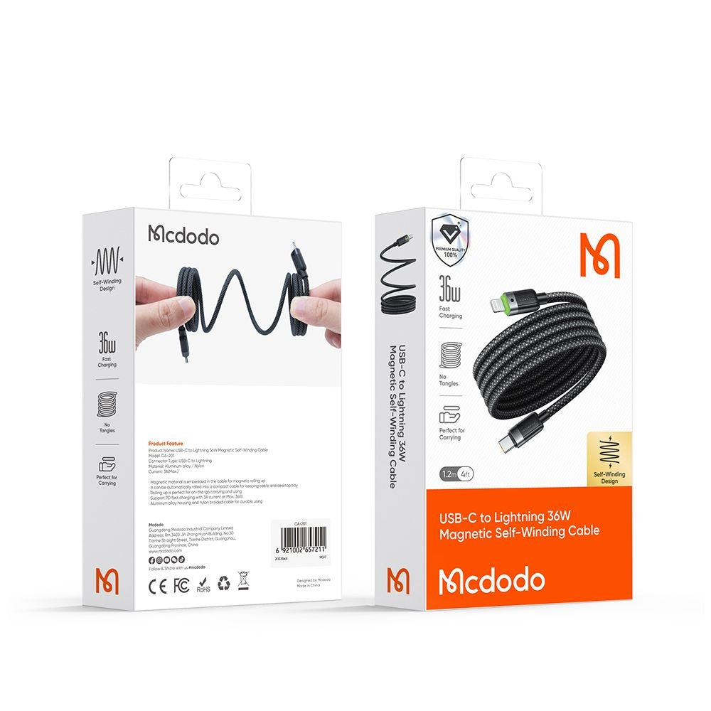 Καλώδιο Δεδομένων και Φόρτισης USB-C - Lightning McDodo CA-2010 Self Winding, 36W, 1.2m, Μαύρο